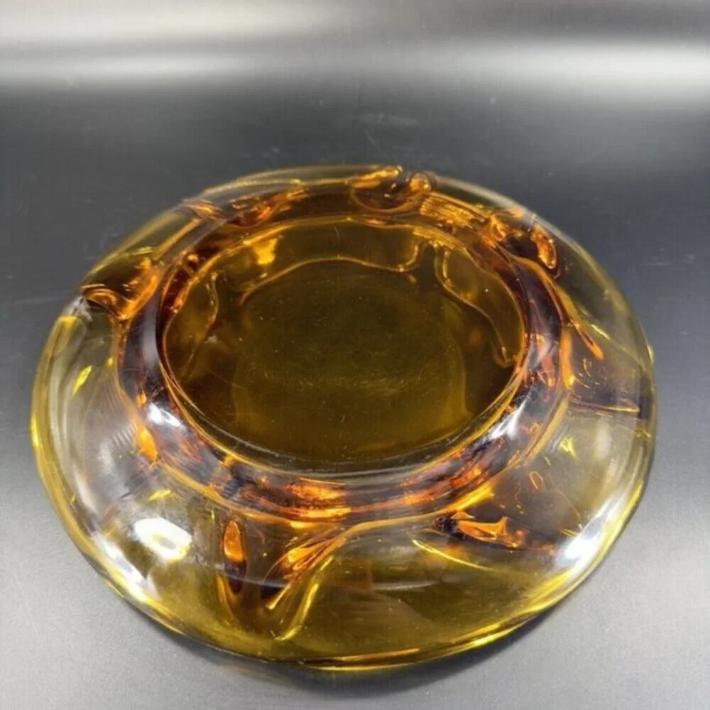 1960s Vintage Amber‎ Glass Ashtray Dish Wavy Edges Vintage Glass Decor 8 In Wide